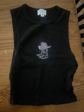 Le Lis Black Ribbed Tank with Pink Rhinestone Cowboy Boot Accent